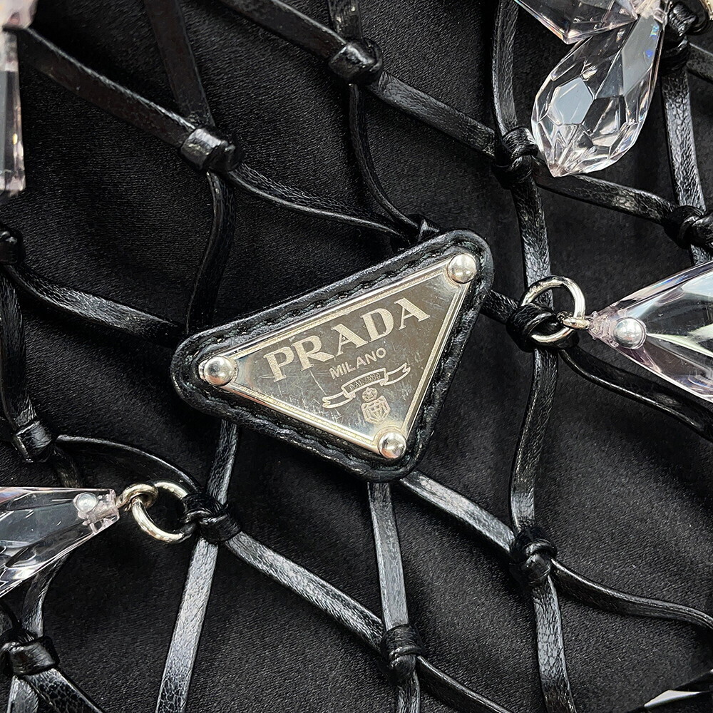 Prada Chain Shoulder Bag Bejeweled Drawstring Satin Black - Picture 12 of 12